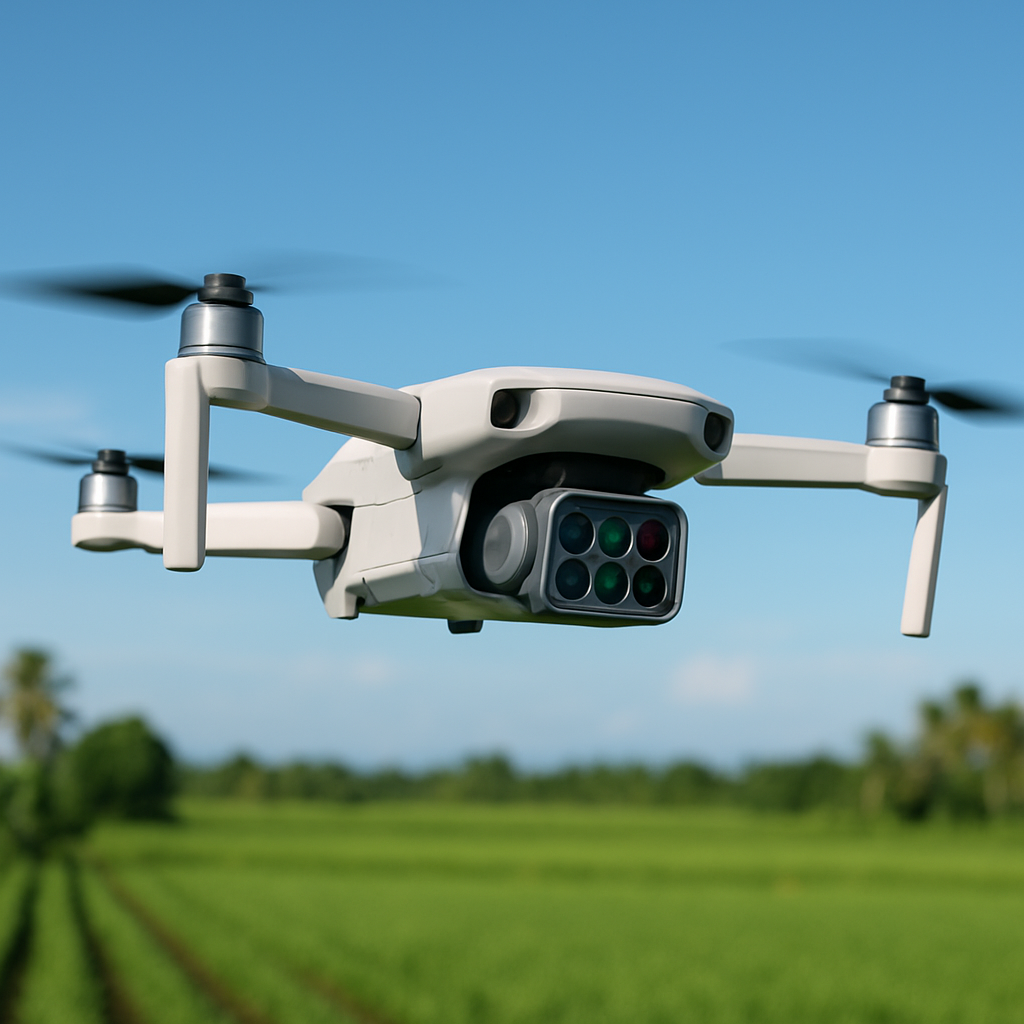 Dron de mapeo multiespectral sobrevolando un campo agrícola tropical